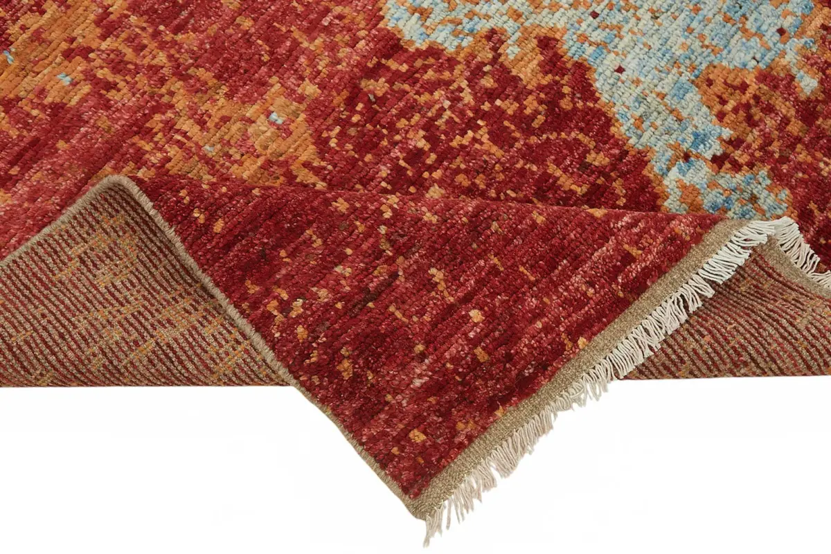 Tribal Modern Dizayn  Kırmızı Pamuk Üzerine Yün El Dokuma Halı-168x236 - Görsel 6