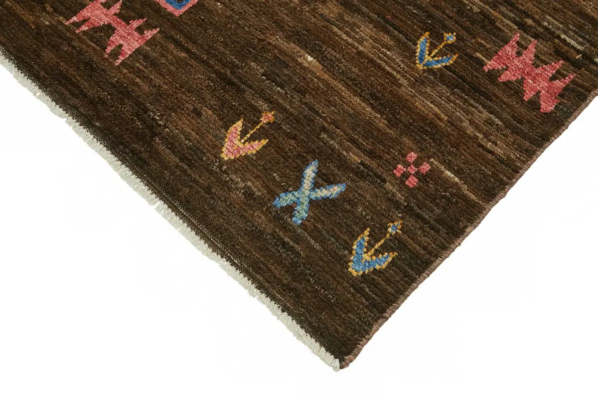 Tribal Modern Dizayn Kahverengi Pamuk Üzerine Yün El Dokuma Halı-145x200 - Görsel 4