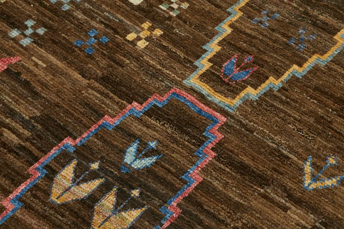 Tribal Modern Dizayn Kahverengi Pamuk Üzerine Yün El Dokuma Halı-145x200 - Görsel 5