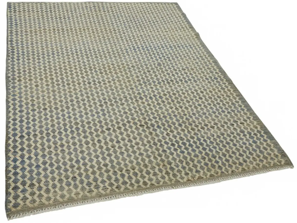 Tribal Modern Dizayn Mavi Pamuk Üzerine Yün El Dokuma Halı-154x195 - Görsel 2