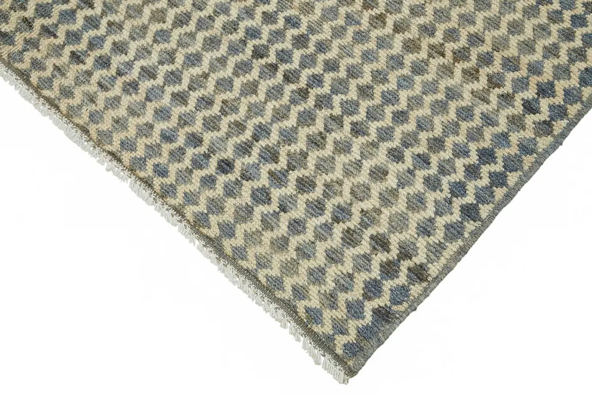 Tribal Modern Dizayn Mavi Pamuk Üzerine Yün El Dokuma Halı-154x195 - Görsel 4