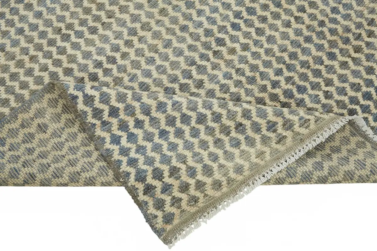 Tribal Modern Dizayn Mavi Pamuk Üzerine Yün El Dokuma Halı-154x195 - Görsel 6