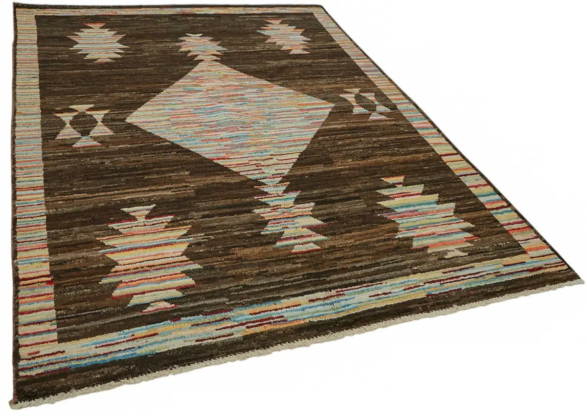 Tribal Modern Dizayn Kahverengi Pamuk Üzerine Yün El Dokuma Halı-173x238 - Görsel 2