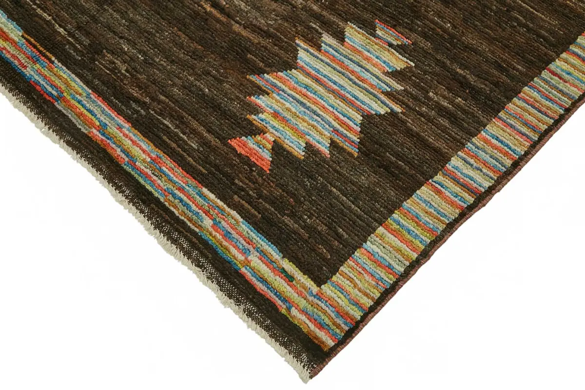 Tribal Modern Dizayn Kahverengi Pamuk Üzerine Yün El Dokuma Halı-173x238 - Görsel 4