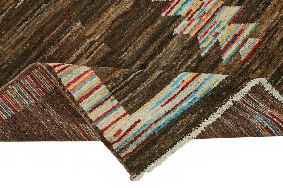 Tribal Modern Dizayn Kahverengi Pamuk Üzerine Yün El Dokuma Halı-173x238 - Görsel 6