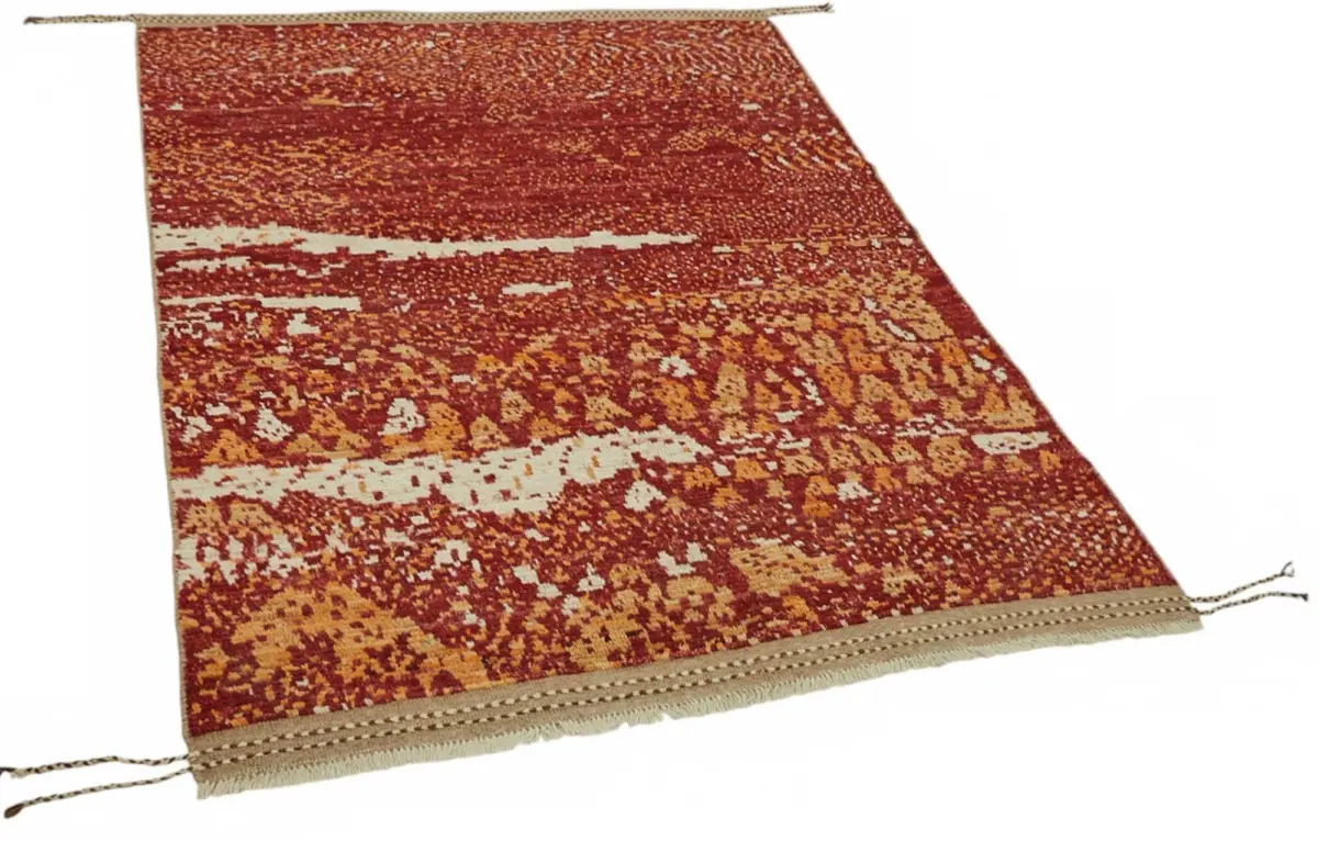 Tribal Modern Dizayn Kırmızı Pamuk Üzerine Yün El Dokuma Halı-149x209 - Görsel 2