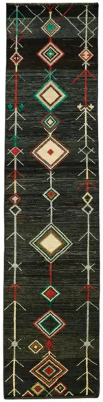 Tribal Modern Dizayn Siyah Pamuk Üzerine Yün El Dokuma Halı-092x419