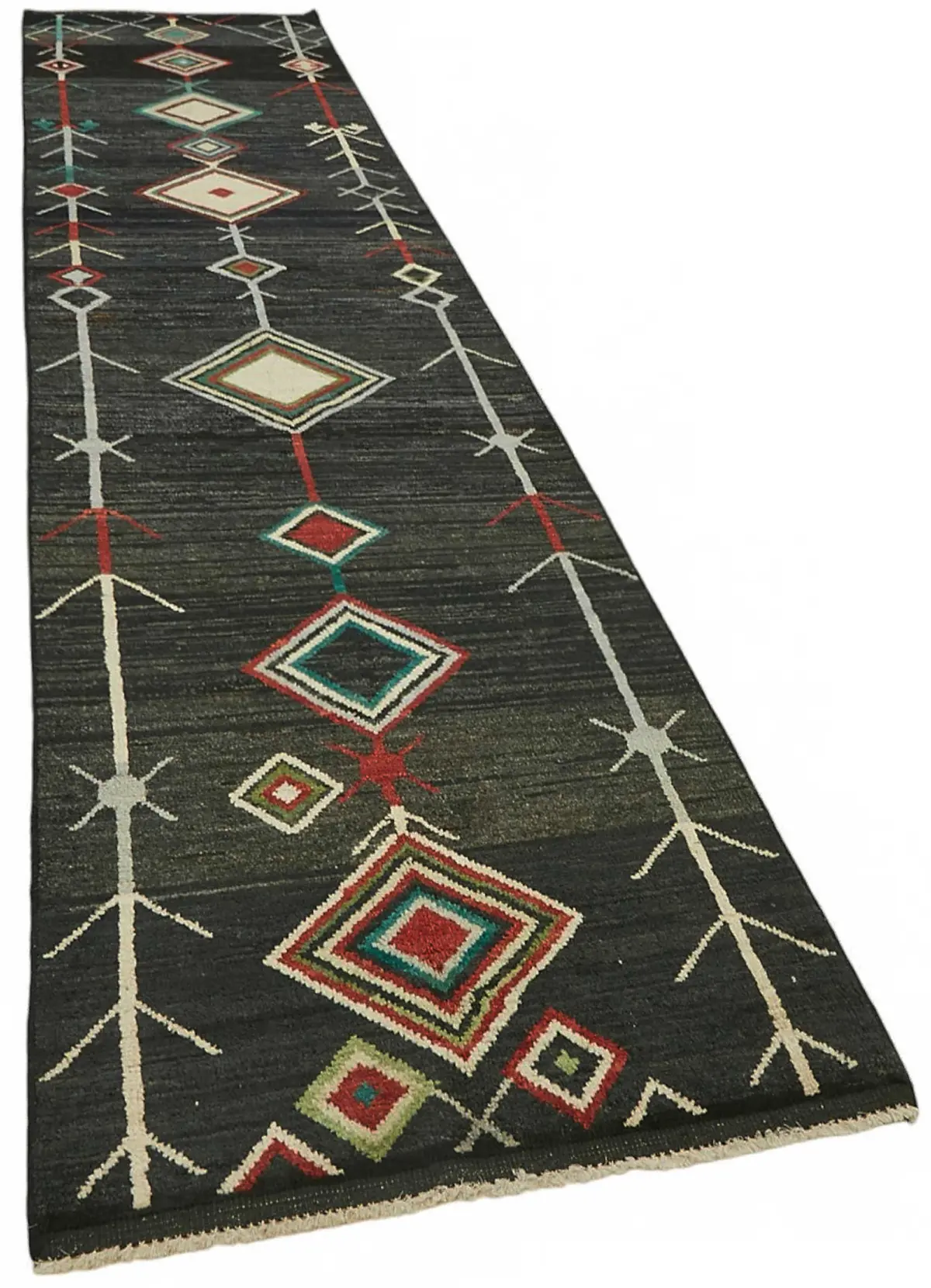 Tribal Modern Dizayn Siyah Pamuk Üzerine Yün El Dokuma Halı-092x419 - Görsel 2