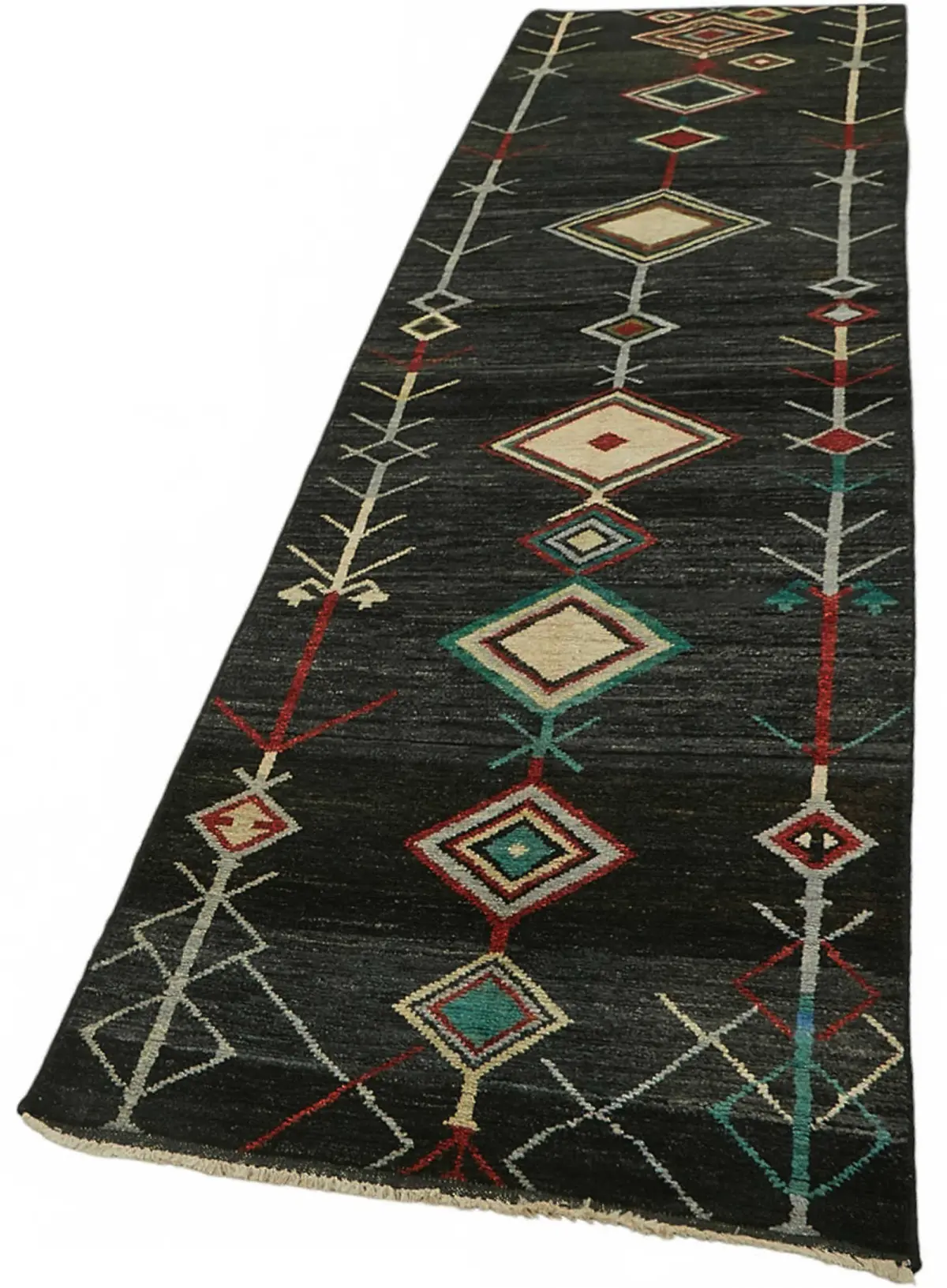 Tribal Modern Dizayn Siyah Pamuk Üzerine Yün El Dokuma Halı-092x419 - Görsel 3