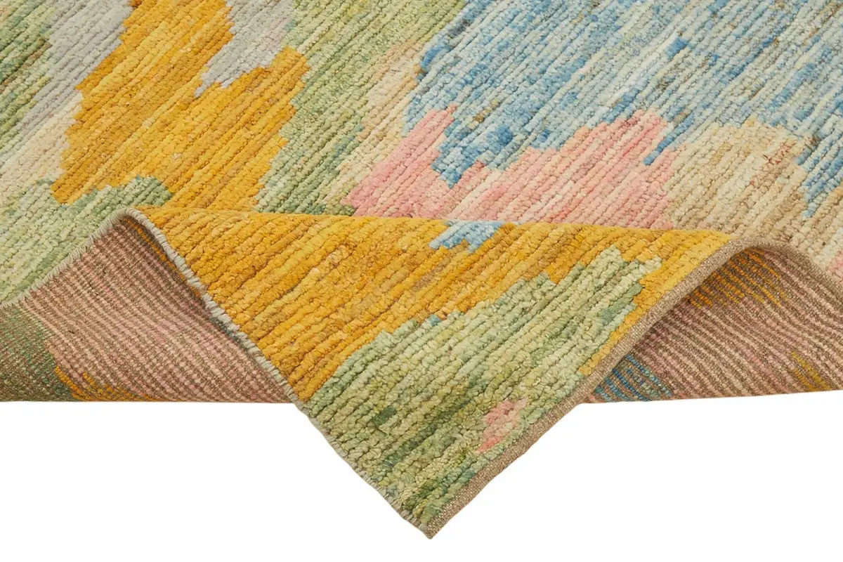 Tribal Modern Dizayn Multi Pamuk Üzerine Yün El Dokuma Halı-202x288 - Görsel 6