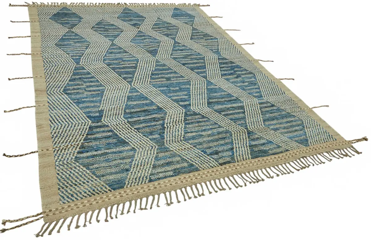 Tribal Modern Dizayn Bej Pamuk Üzerine Yün El Dokuma Halı-213x302 - Görsel 2