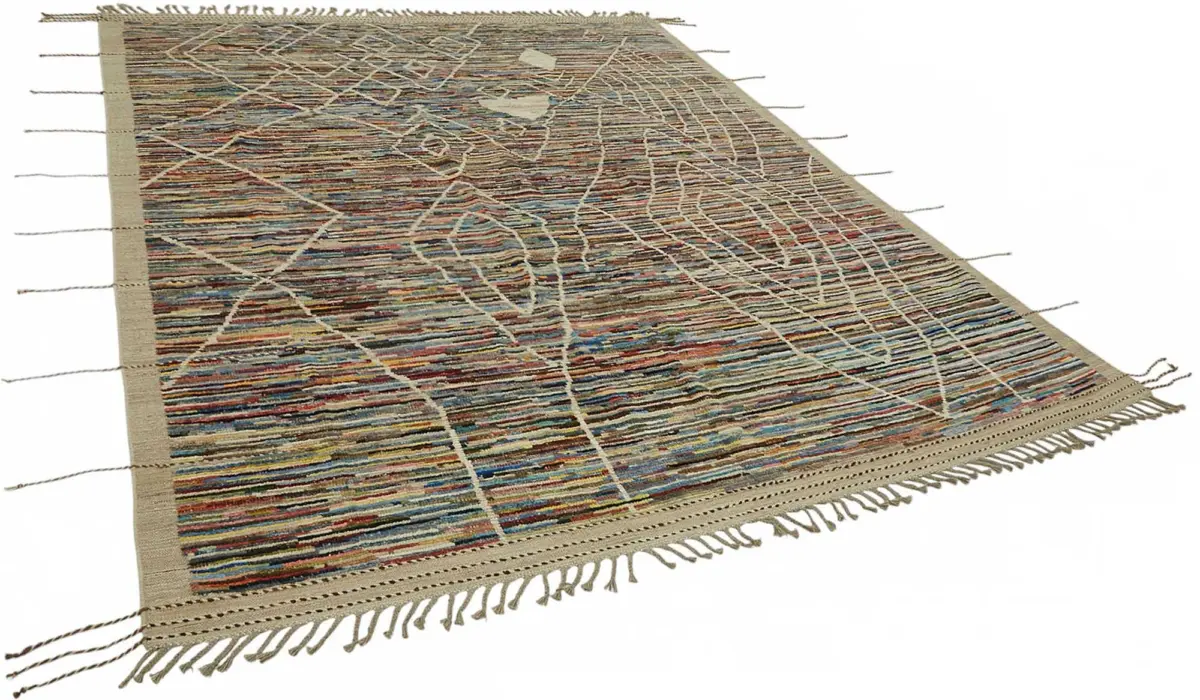 Tribal Modern Dizayn Multi Pamuk Üzerine Yün El Dokuma Halı-245x310 - Görsel 2