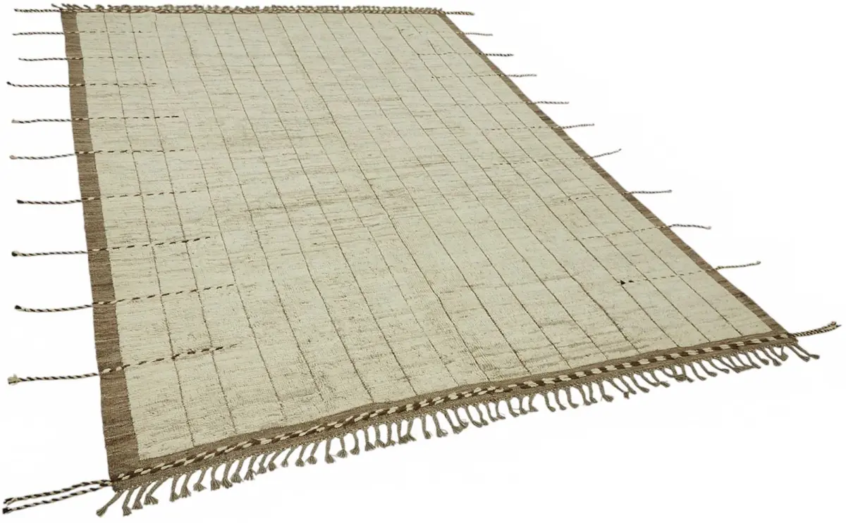 Tribal Modern Dizayn Bej Pamuk Üzerine Yün El Dokuma Halı-220x306 - Görsel 2