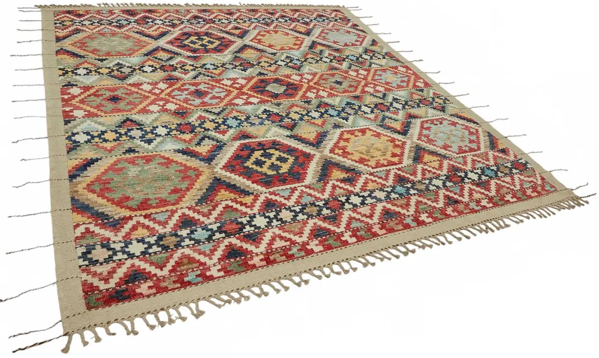 Tribal Modern Dizayn Multi Pamuk Üzerine Yün El Dokuma Halı-259x299 - Görsel 2