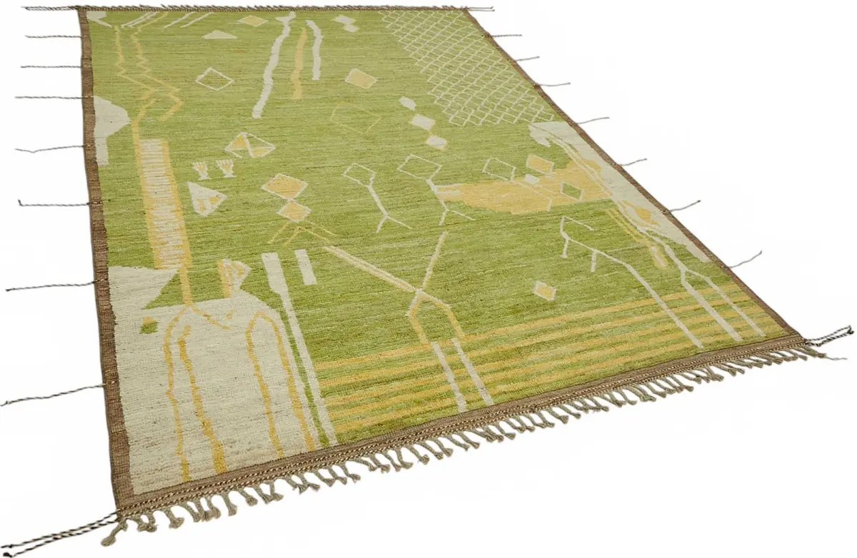 Tribal Modern Dizayn Yeşil Pamuk Üzerine Yün El Dokuma Halı-203x303 - Görsel 2