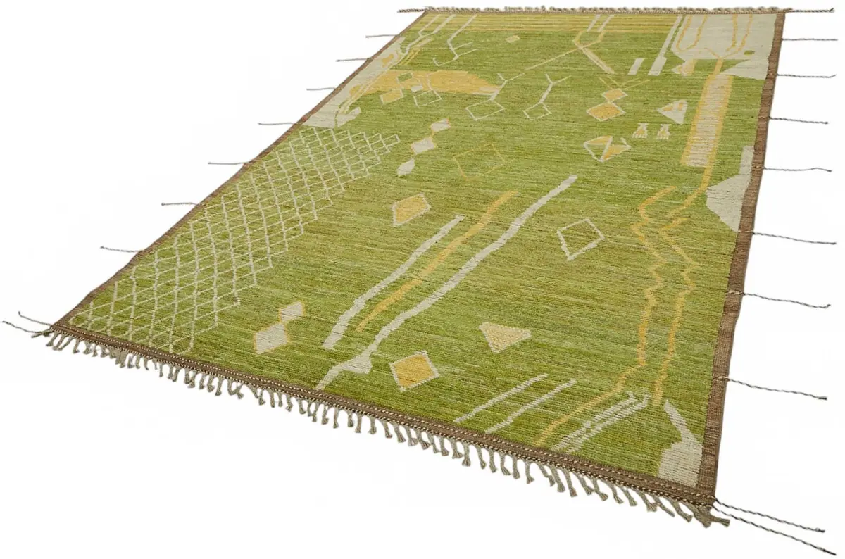 Tribal Modern Dizayn Yeşil Pamuk Üzerine Yün El Dokuma Halı-203x303 - Görsel 3
