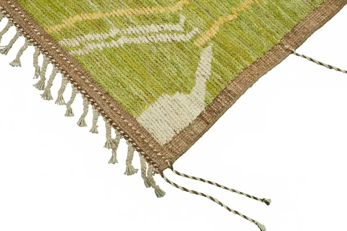 Tribal Modern Dizayn Yeşil Pamuk Üzerine Yün El Dokuma Halı-203x303 - Görsel 4