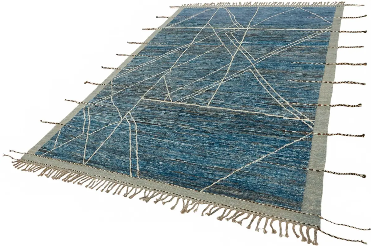 Tribal Modern Dizayn Mavi Pamuk Üzerine Yün El Dokuma Halı-201x304 - Görsel 3