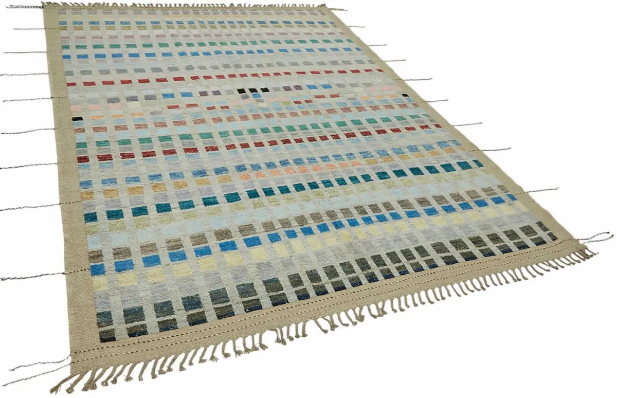 Tribal Modern Dizayn Multi Pamuk Üzerine Yün El Dokuma Halı-211x305 - Görsel 2