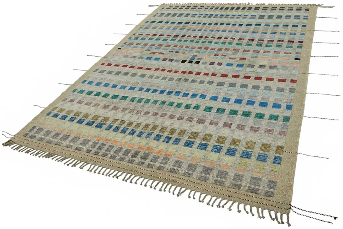 Tribal Modern Dizayn Multi Pamuk Üzerine Yün El Dokuma Halı-211x305 - Görsel 3