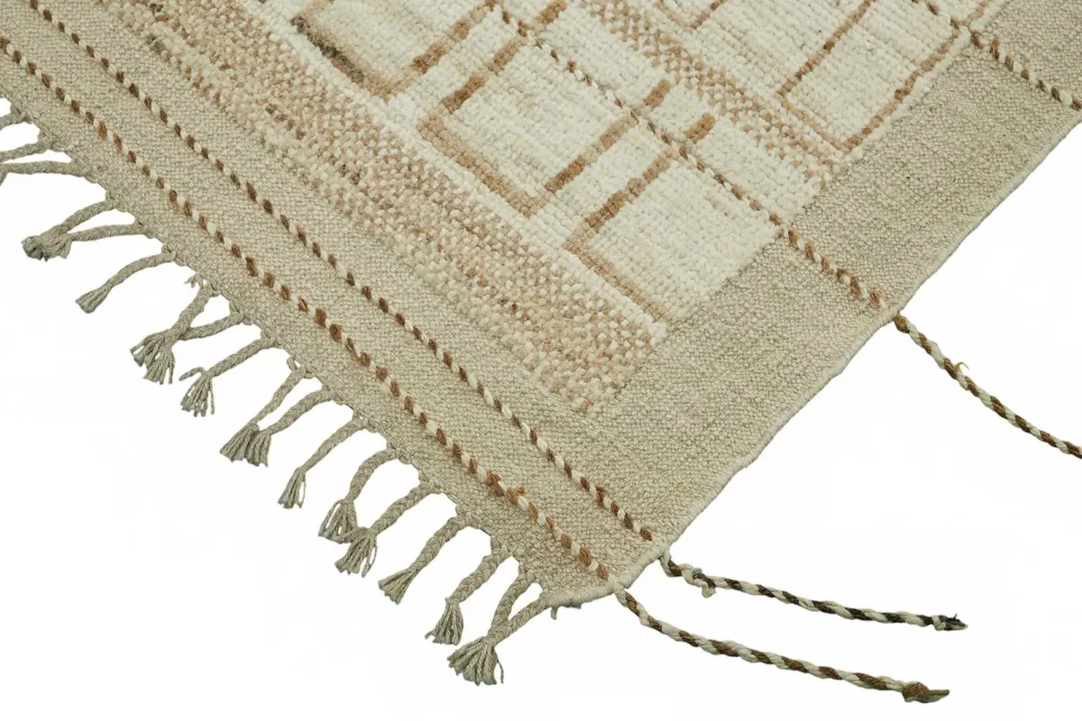 Tribal Modern Dizayn Bej Pamuk Üzerine Yün El Dokuma Halı-202x307 - Görsel 4