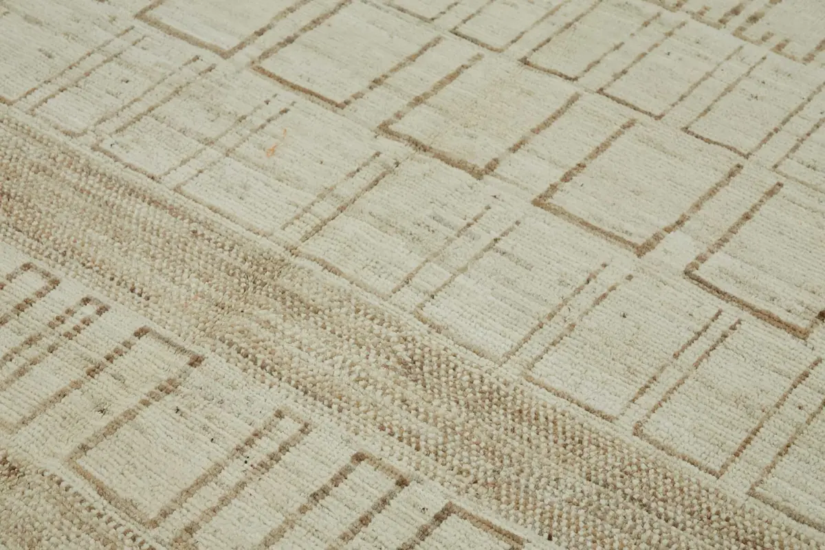 Tribal Modern Dizayn Bej Pamuk Üzerine Yün El Dokuma Halı-202x307 - Görsel 5