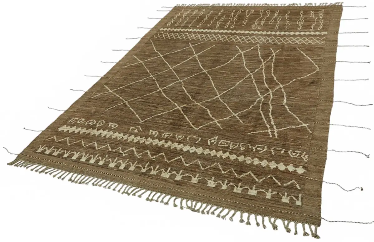 Tribal Modern Dizayn Kahverengi Pamuk Üzerine Yün El Dokuma Halı-206x308 - Görsel 3