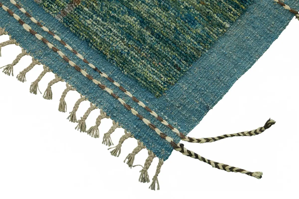 Tribal Modern Dizayn Yeşil Pamuk Üzerine Yün El Dokuma Halı-323x425 - Görsel 4