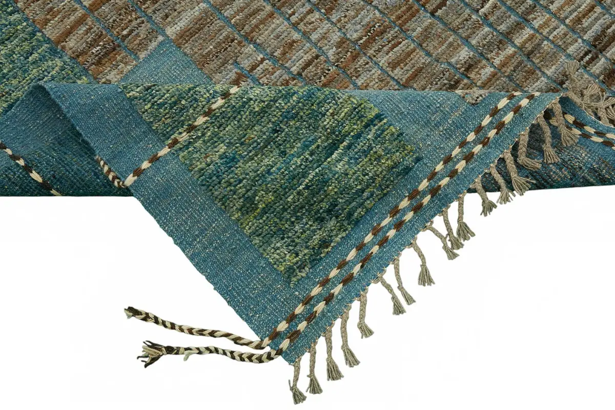Tribal Modern Dizayn Yeşil Pamuk Üzerine Yün El Dokuma Halı-323x425 - Görsel 6