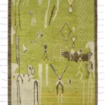 Tribal Modern Dizayn Yeşil Pamuk Üzerine Yün El Dokuma Halı-309x430