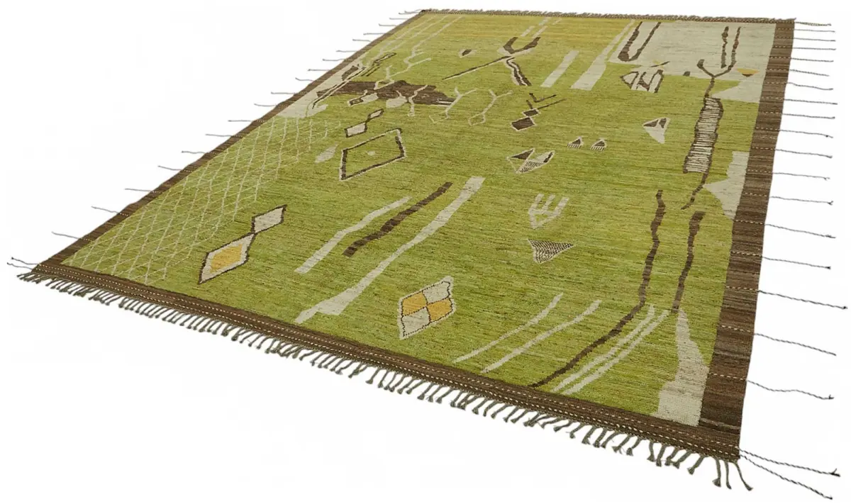 Tribal Modern Dizayn Yeşil Pamuk Üzerine Yün El Dokuma Halı-309x430 - Görsel 3