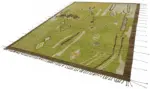 Tribal Modern Dizayn Yeşil Pamuk Üzerine Yün El Dokuma Halı-309x430 - Görsel 3