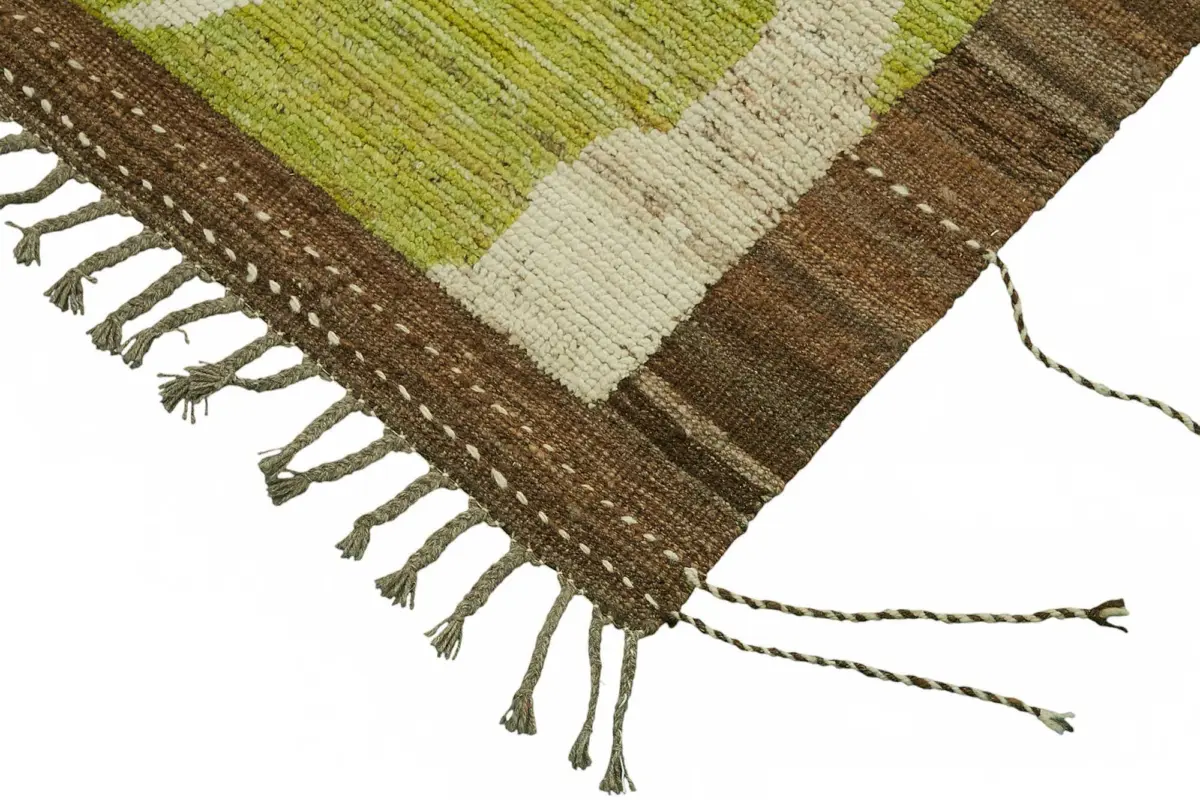 Tribal Modern Dizayn Yeşil Pamuk Üzerine Yün El Dokuma Halı-309x430 - Görsel 4
