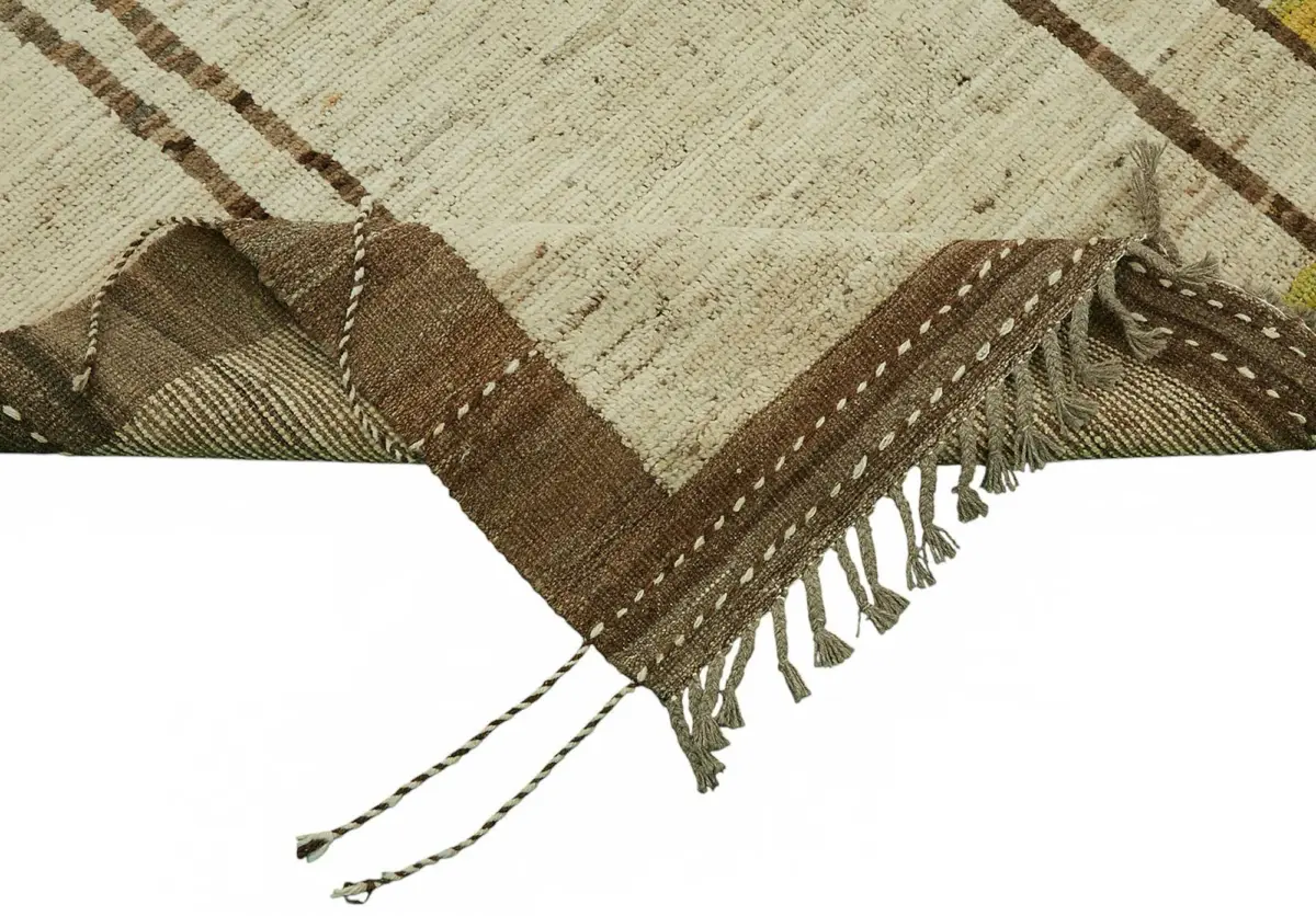 Tribal Modern Dizayn Yeşil Pamuk Üzerine Yün El Dokuma Halı-309x430 - Görsel 6