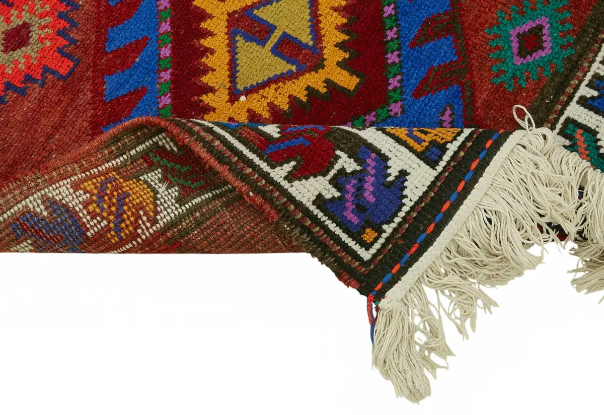 Herki Eskitme Kırmızı Pamuk Üzerine Yün El Dokuma Halı-094x340 - Görsel 6