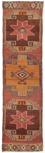 Herki Eskitme Kırmızı Pamuk Üzerine Yün El Dokuma Halı-092x342