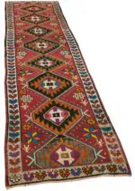 Herki Eskitme Kırmızı Pamuk Üzerine Yün El Dokuma Halı-084x336 - Görsel 2