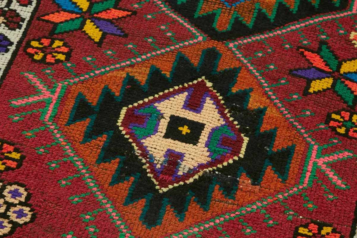 Herki Eskitme Kırmızı Pamuk Üzerine Yün El Dokuma Halı-084x336 - Görsel 5