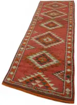 Herki Eskitme Kırmızı Pamuk Üzerine Yün El Dokuma Halı-090x345 - Görsel 3