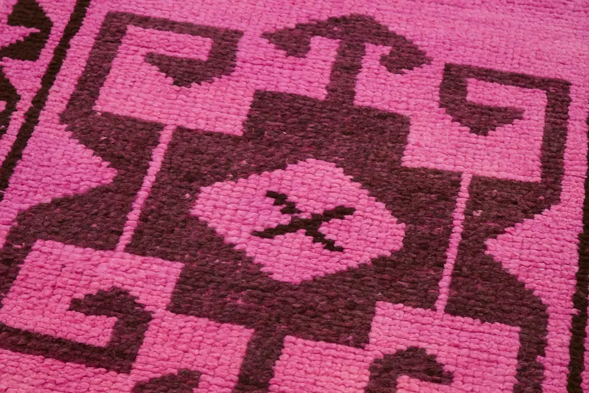 Herki Eskitme Pembe Pamuk Üzerine Yün El Dokuma Halı-098x362 - Görsel 5