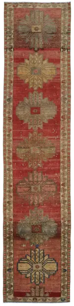 Herki Eskitme Kırmızı Pamuk Üzerine Yün El Dokuma Halı-082x387