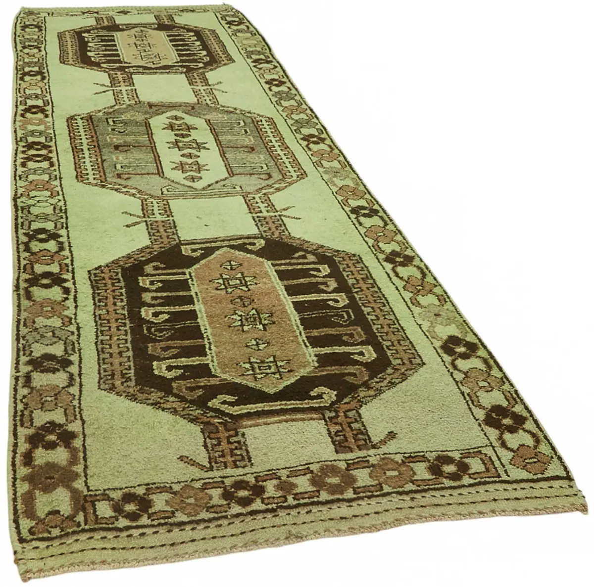 Herki Eskitme Yeşil Pamuk Üzerine Yün El Dokuma Halı-140x412 - Görsel 2