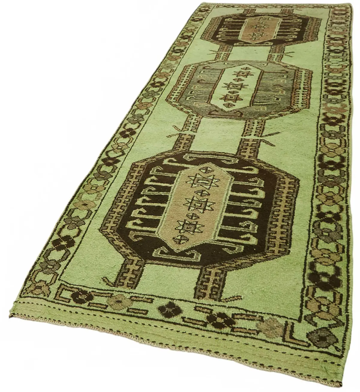 Herki Eskitme Yeşil Pamuk Üzerine Yün El Dokuma Halı-140x412 - Görsel 3