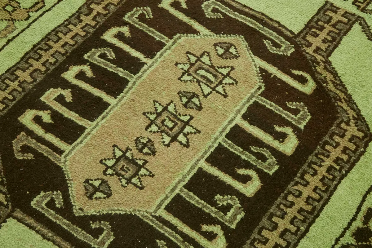 Herki Eskitme Yeşil Pamuk Üzerine Yün El Dokuma Halı-140x412 - Görsel 5