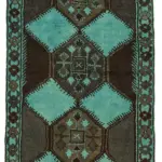 Herki Eskitme Turkuaz Pamuk Üzerine Yün El Dokuma Halı-142x382