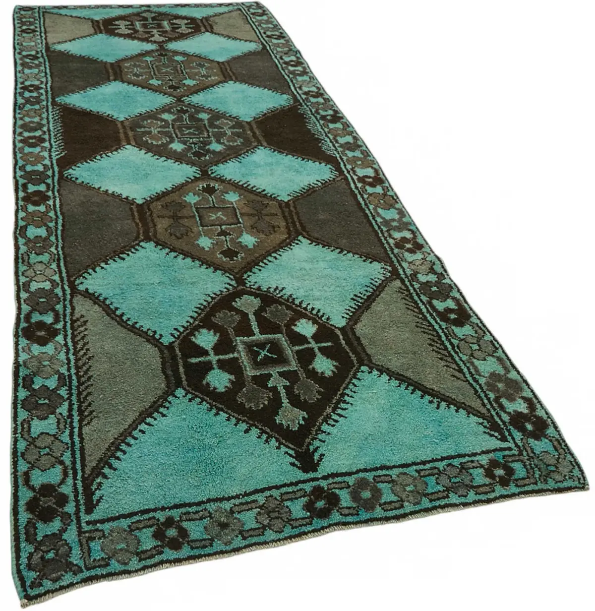 Herki Eskitme Turkuaz Pamuk Üzerine Yün El Dokuma Halı-142x382 - Görsel 2