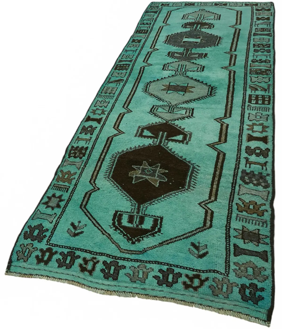 Herki Eskitme Turkuaz Pamuk Üzerine Yün El Dokuma Halı-113x355 - Görsel 3