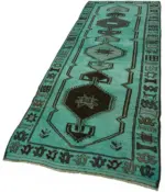 Herki Eskitme Turkuaz Pamuk Üzerine Yün El Dokuma Halı-113x355 - Görsel 3