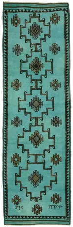 Herki Eskitme Turkuaz Pamuk Üzerine Yün El Dokuma Halı-106x354