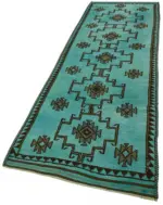 Herki Eskitme Turkuaz Pamuk Üzerine Yün El Dokuma Halı-106x354 - Görsel 3